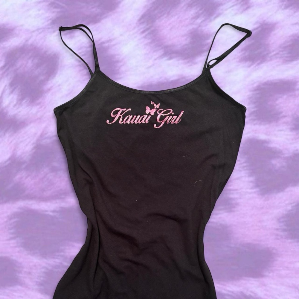 Vintage Y2k Black Tank Top w/ "Kauai Girl" Pink Glitter Logo ~ Size M